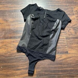 Bebe Mixed Textile Vegan Leather Short Sleeve Thong Bodysuit